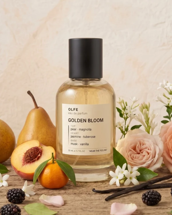 OLFE Golden Bloom eau de parfum, 50 ml bottle with pear, peach, mandarin, jasmine, tuberose, rose, blackberries and vanilla