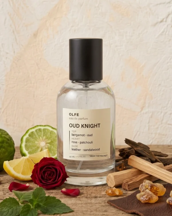 OLFE Oud Knight eau de parfum, 50 ml bottle with bergamot, lemon, a crimson rose, oud wood, sandalwood, amber resin and leather