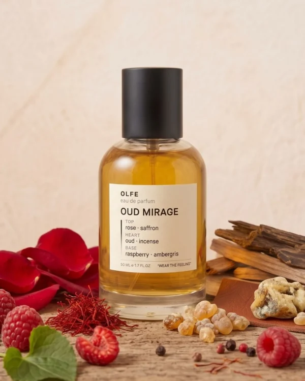 OLFE Oud Mirage eau de parfum, 50 ml bottle with rose petals, saffron, raspberries, oud wood and frankincense resin