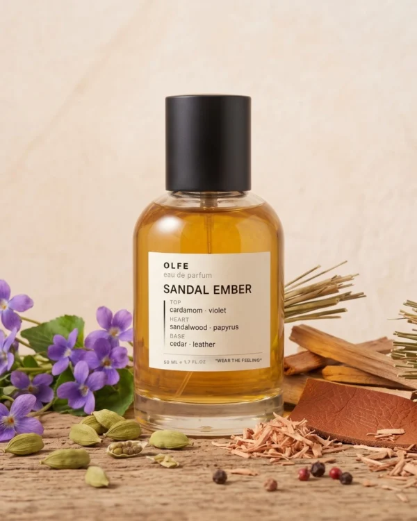 OLFE Sandal Ember eau de parfum, 50 ml bottle with violets, cardamom, sandalwood, cedar shavings and leather