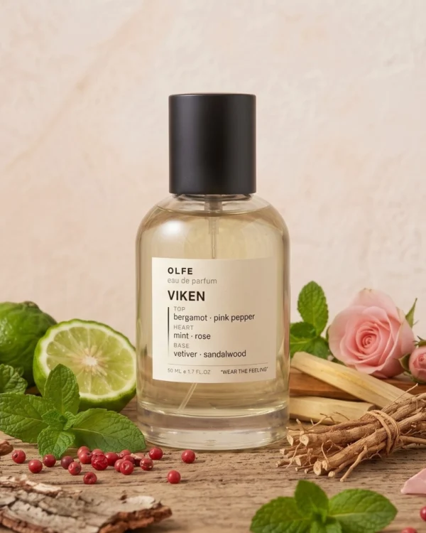 OLFE Viken eau de parfum, 50 ml bottle with bergamot, mint, pink pepper, rose, sandalwood and vetiver