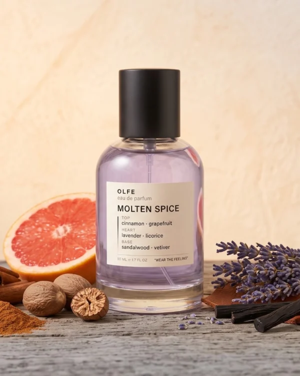 OLFE Molten Spice eau de parfum bottle with cinnamon sticks, nutmeg, cardamom, grapefruit, lavender, licorice root and sandalwood