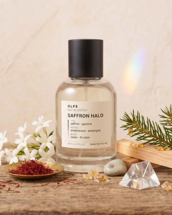 OLFE Saffron Halo eau de parfum bottle with saffron threads, jasmine, cedarwood, fir resin and a crystal prism