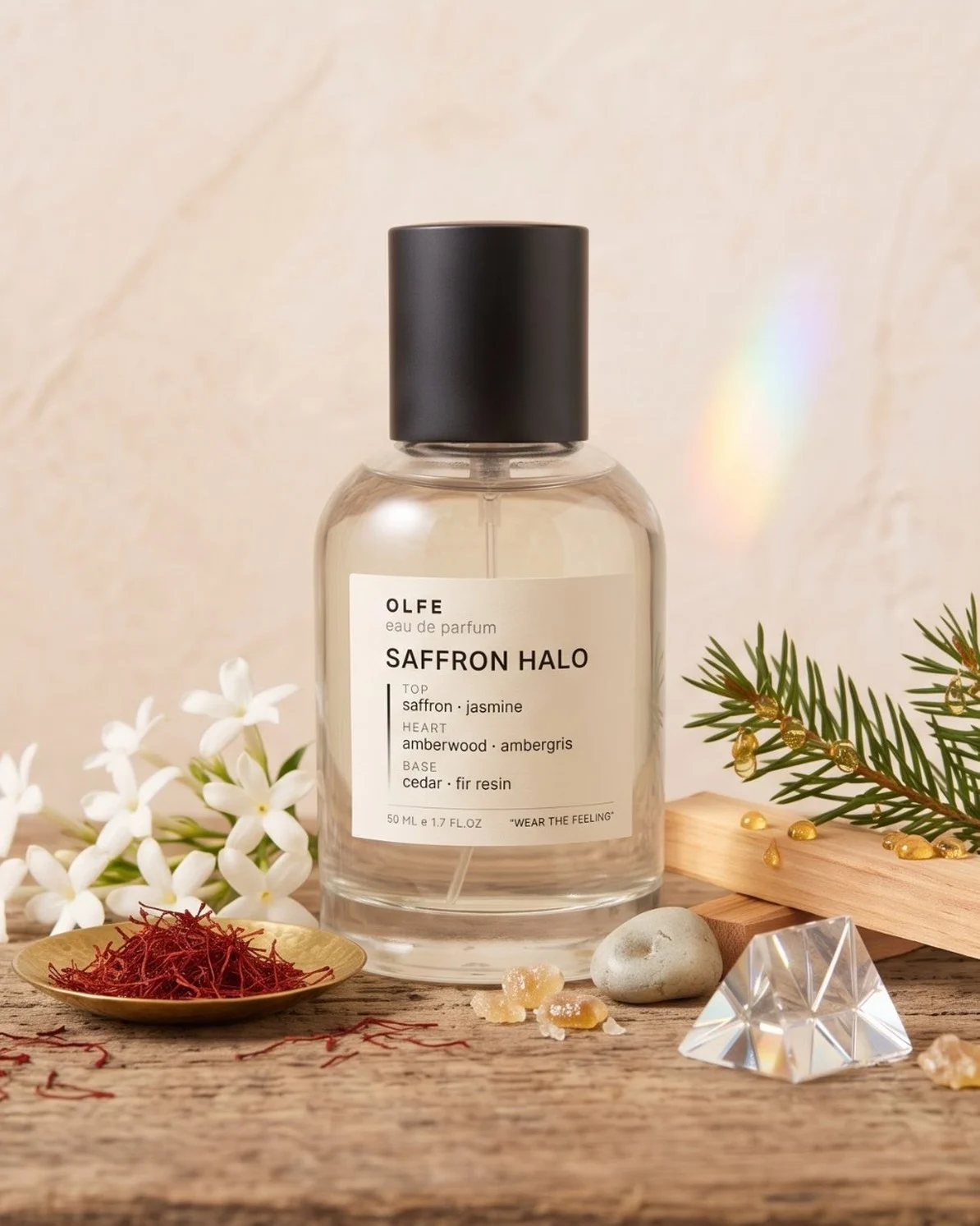 OLFE Saffron Halo eau de parfum bottle with saffron threads, jasmine, cedarwood, fir resin and a crystal prism