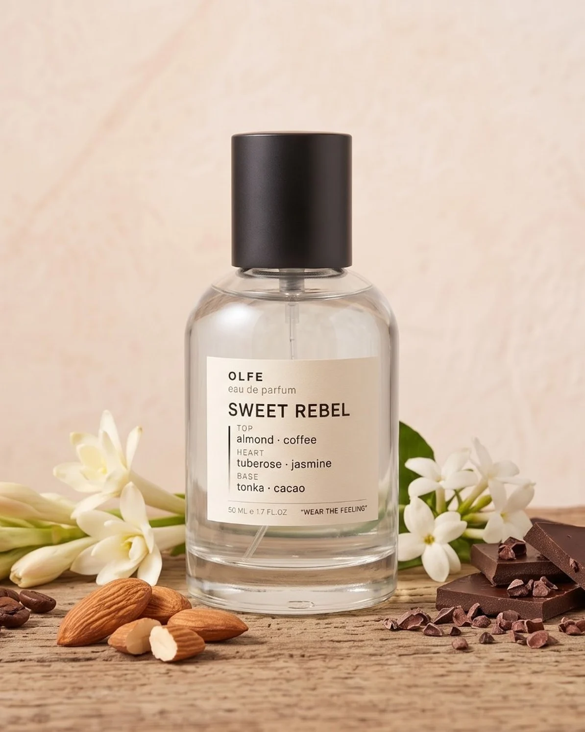 OLFE Sweet Rebel eau de parfum bottle with coffee beans, almonds, tuberose, jasmine, dark chocolate, tonka beans and vanilla